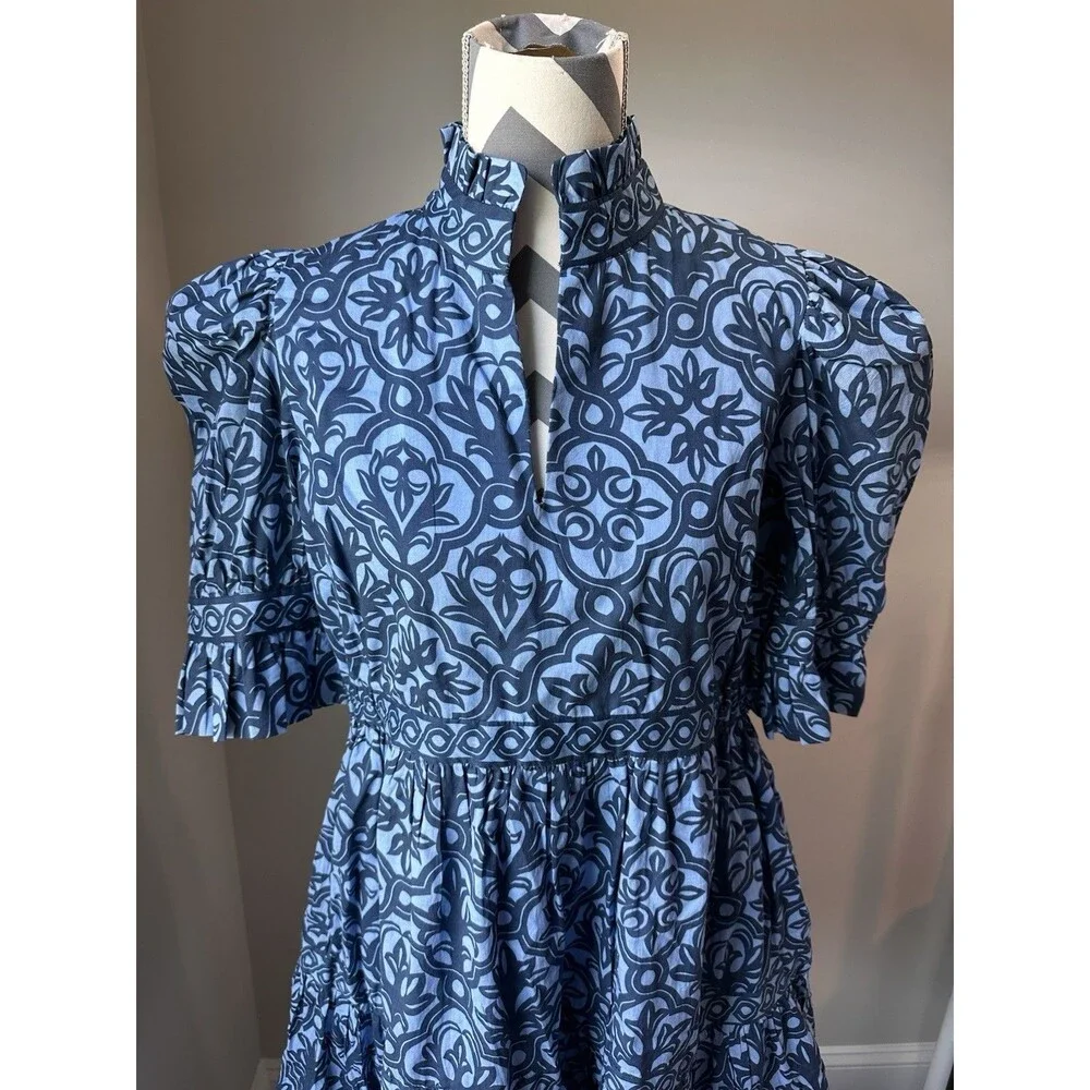 Gretchen Scott Blue Medallion Cotton Puff Sleeve Split Neck Mini Dress Small